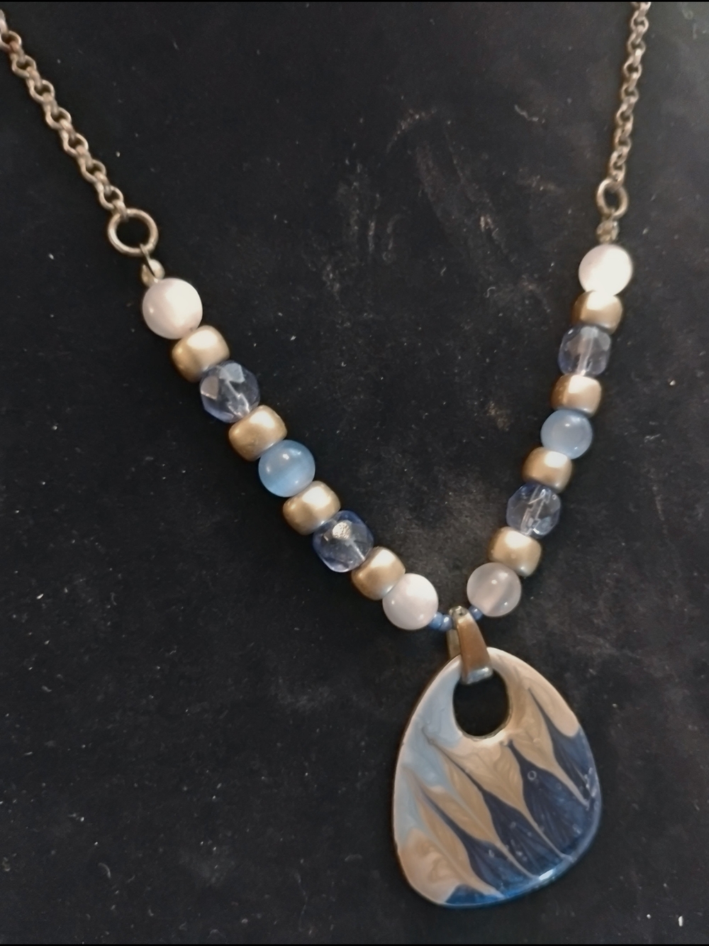 Hand Crafted Blue, Cream & Gold Beaded Pendant Necklace